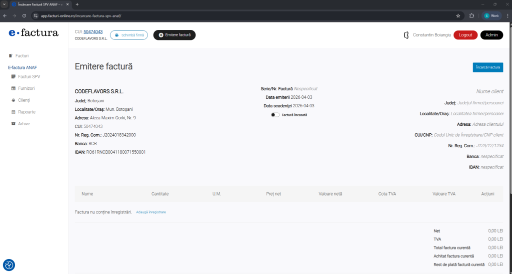 Facturi Online - Ecran emitere facturi cloud