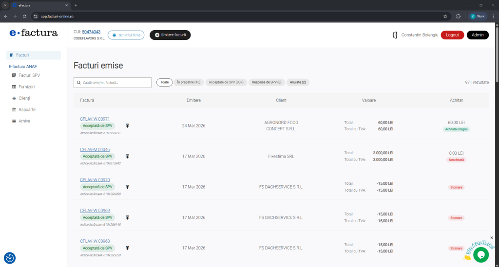 Facturi Online - Ecran facturi emise