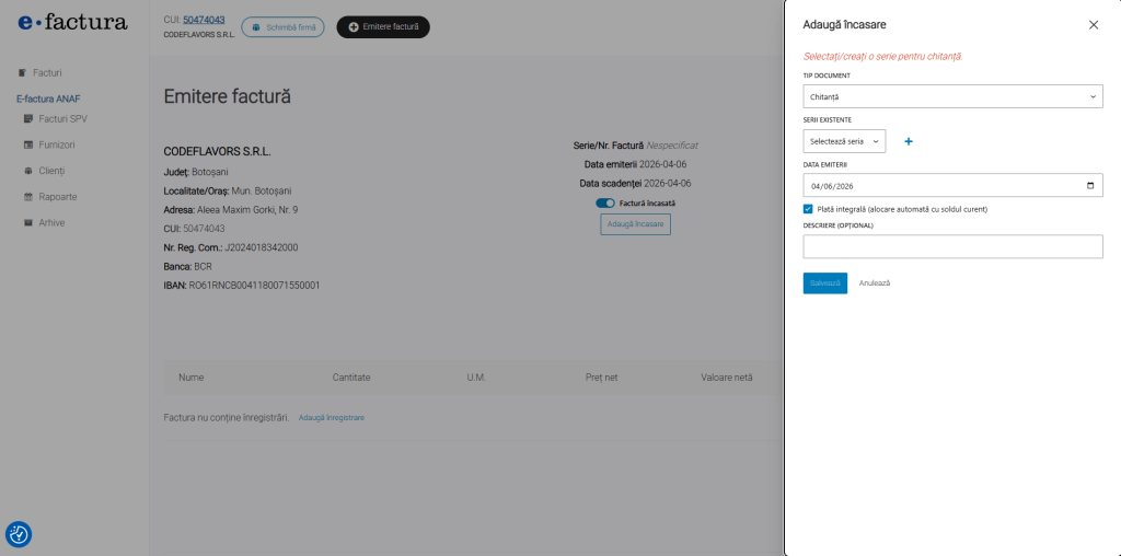 Facturi Online adaugare incasare factura
